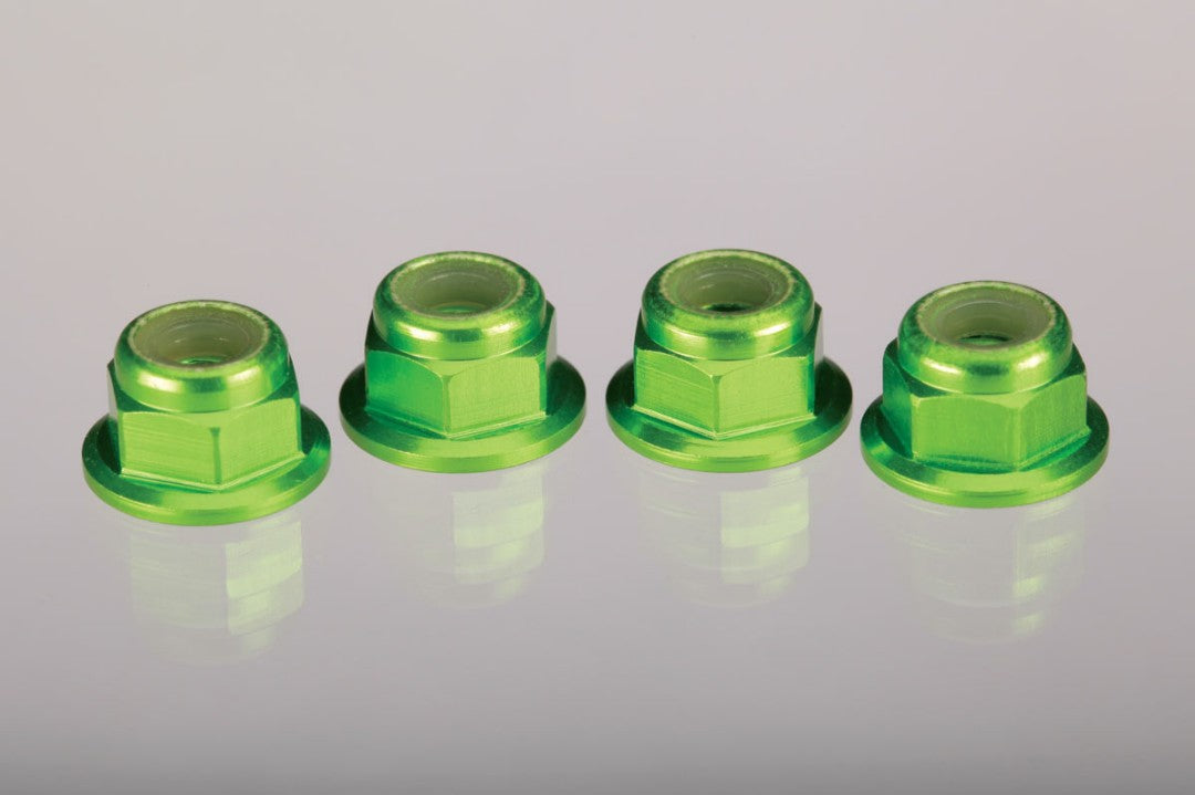 TRA1747G Traxxas 4mm Aluminum Flanged Serrated Nuts (Green) (4)