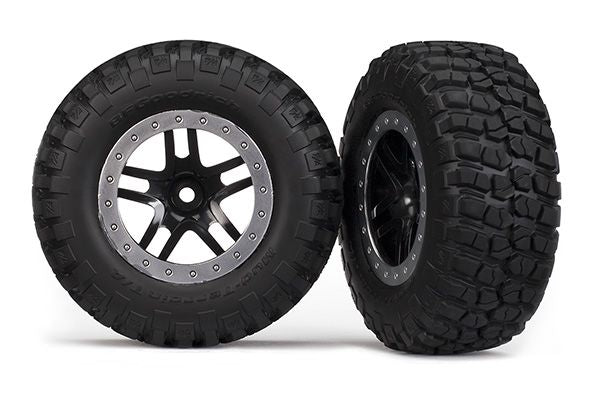 TRA5883 Traxxas Tires &amp; wheels, assembled, glued (SCT Split-Spoke, black, satin chrome beadlock wheels, BFGoodrich Mud-Terrain T/A KM2 tire, foam inserts )4WD front/rear, 2WD rear)