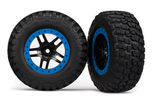 TRA5883A Traxxas Tires &amp; wheels, assembled, glued (SCT Split-Spoke, black, blue beadlock wheels, BFGoodrich Mud-Terrain T/A KM2 Tire (2) (4WD front/rear, 2WD rear)