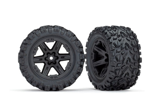 TRA6773 Traxxas Tires &amp; wheels, assembled, glued (2.8") (Rustler 4X4 black wheels, Talon Extreme tires, foam inserts) (2) (TSM rated)